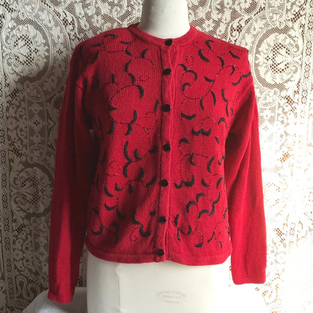 Red Cardigan Sweater with Black Embroidery & Beading
